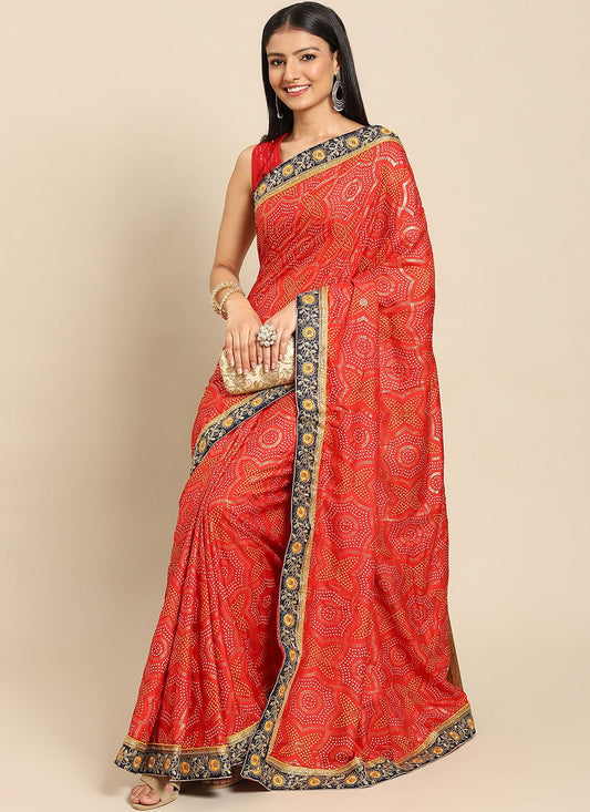 Traditional Saree Poly Silk Red Print Saree