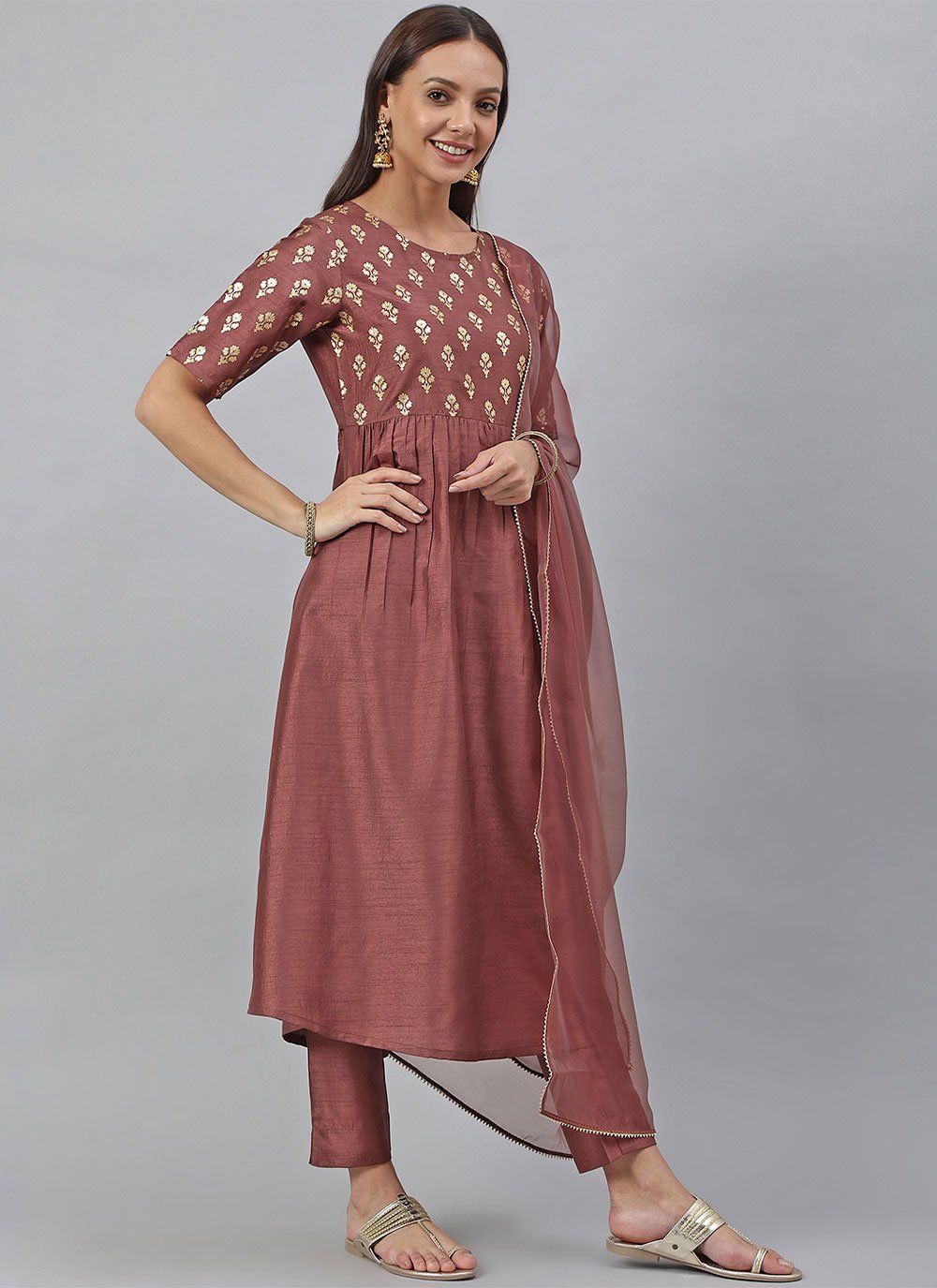 Salwar Suit Poly Silk Mauve Foil Print Salwar Kameez