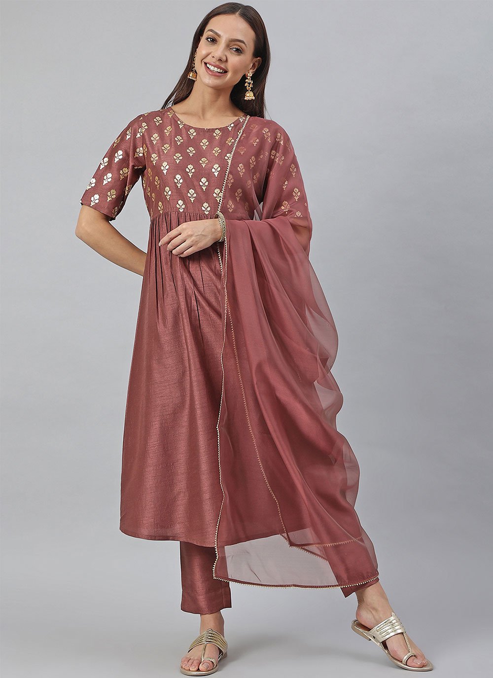 Salwar Suit Poly Silk Mauve Foil Print Salwar Kameez