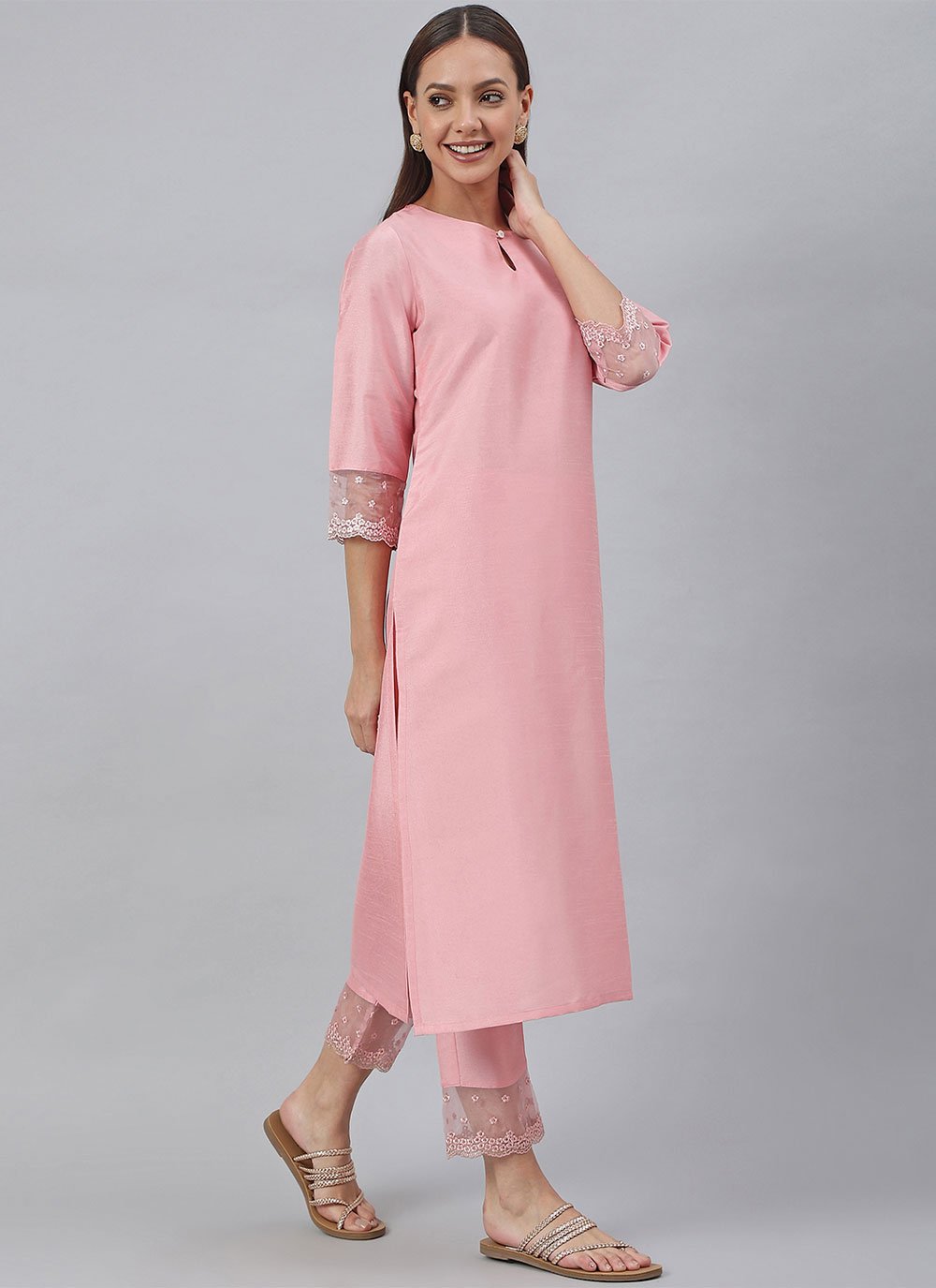 Salwar Suit Poly Silk Pink Plain Salwar Kameez