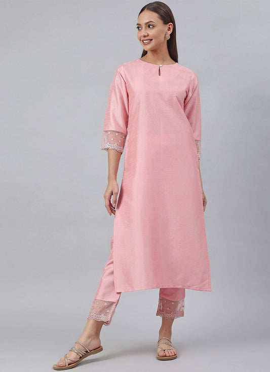 Salwar Suit Poly Silk Pink Plain Salwar Kameez