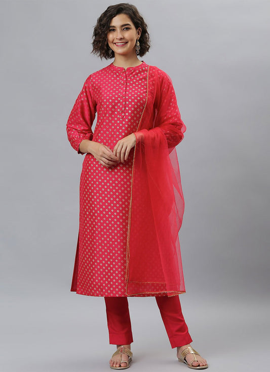 Salwar Suit Poly Silk Hot Pink Foil Print Salwar Kameez