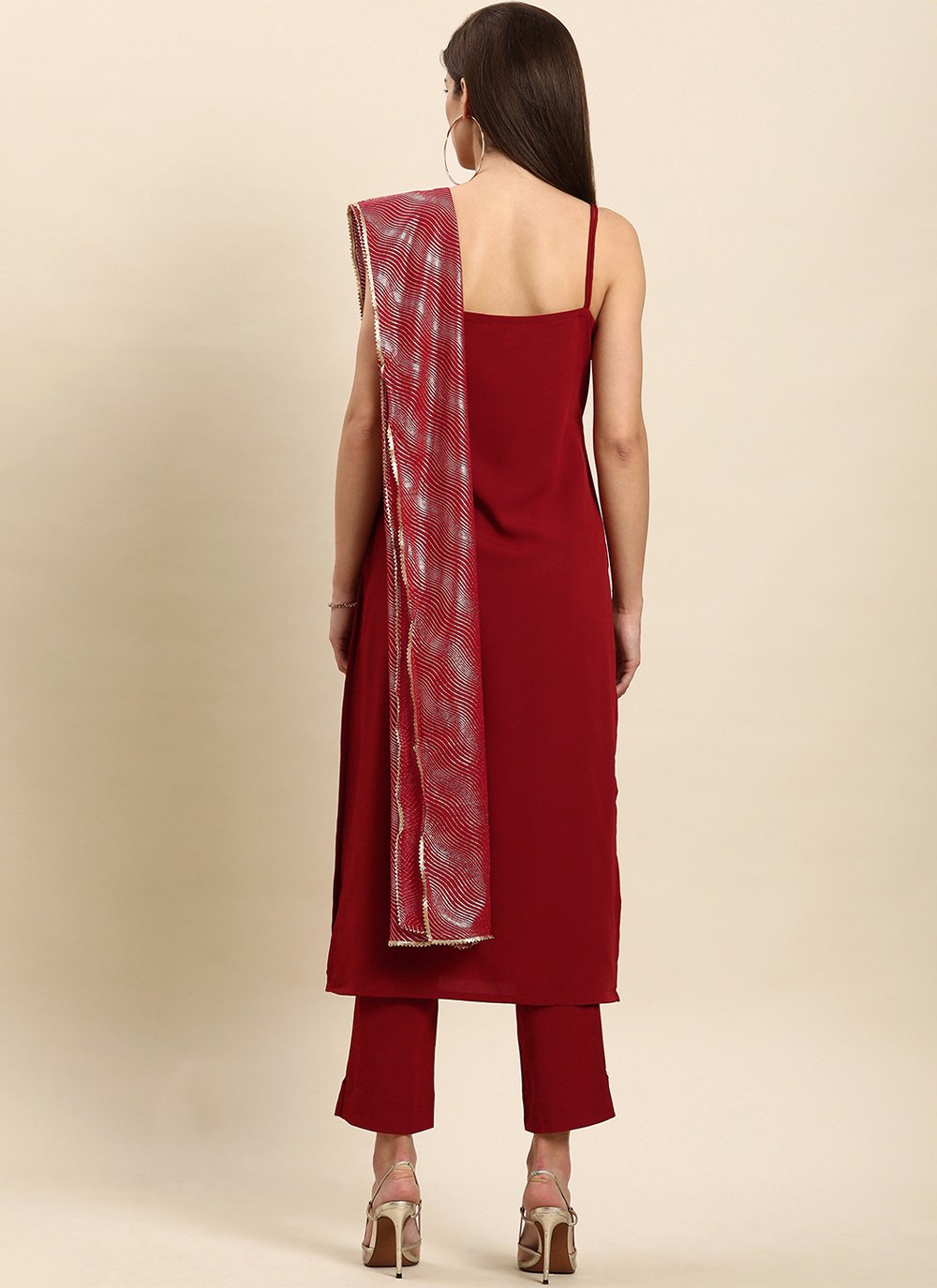 Straight Salwar Suit Faux Crepe Poly Silk Maroon Plain Salwar Kameez