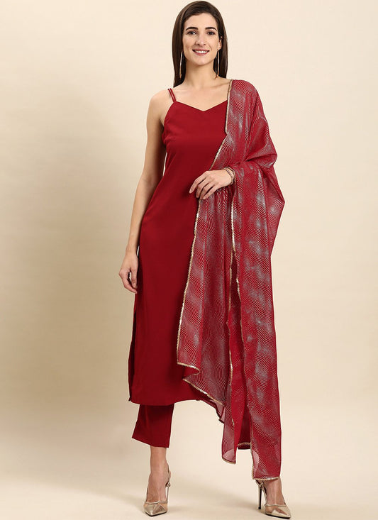 Straight Salwar Suit Faux Crepe Poly Silk Maroon Plain Salwar Kameez