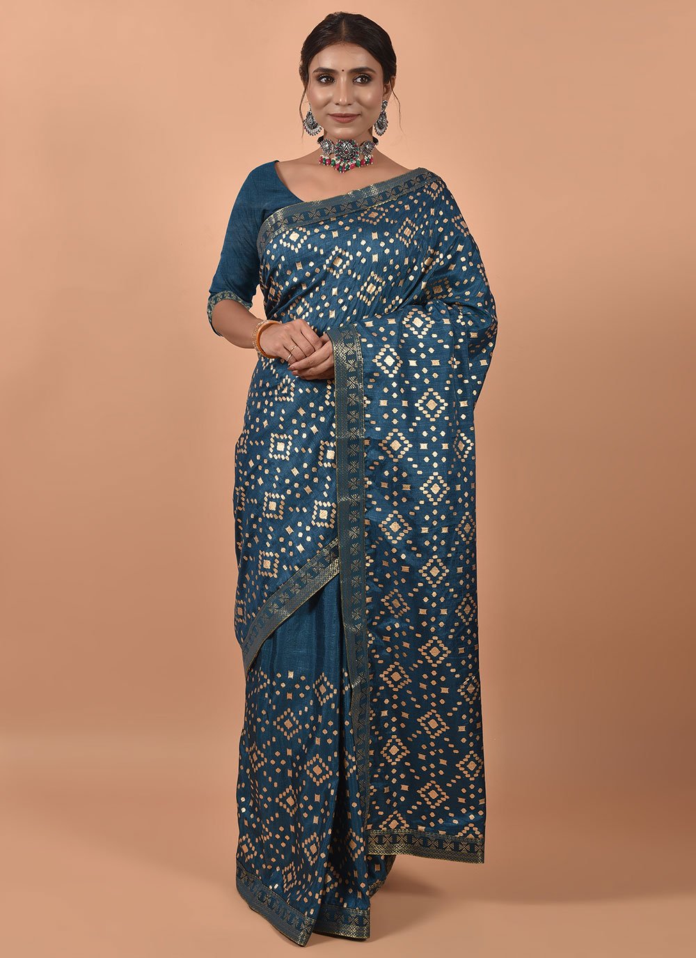 Classic Poly Silk Teal Foil Print Saree