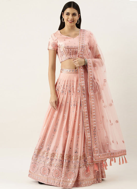 Lehenga Choli Poly Silk Peach Embroidered Lehenga Choli