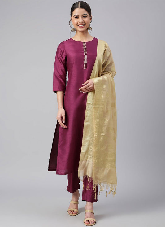 Straight Salwar Suit Poly Silk Magenta Embroidered Salwar Kameez