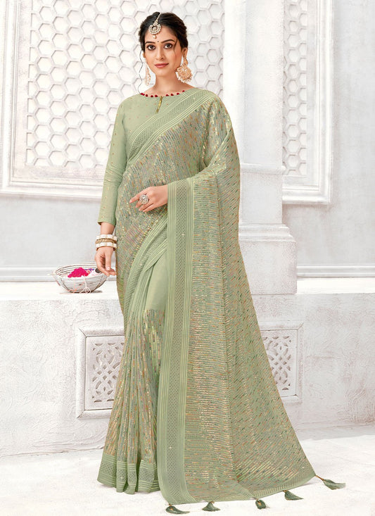 Classic Polyester Sea Green Digital Print Saree