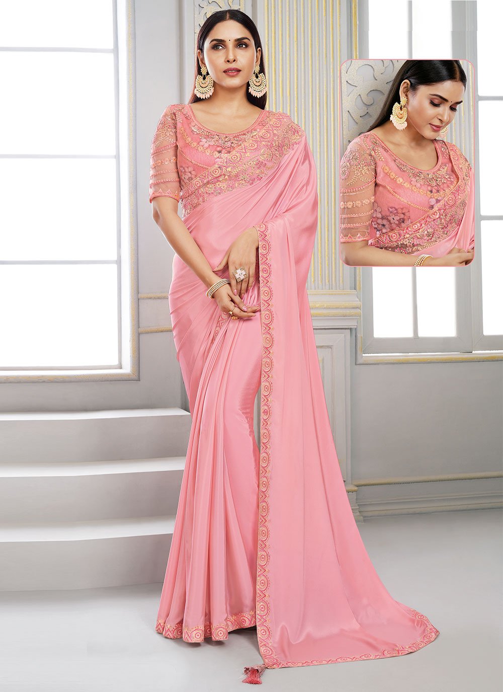 Contemporary Polyester Pink Embroidered Saree