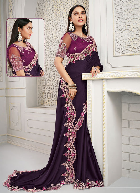 Classic Polyester Purple Embroidered Saree