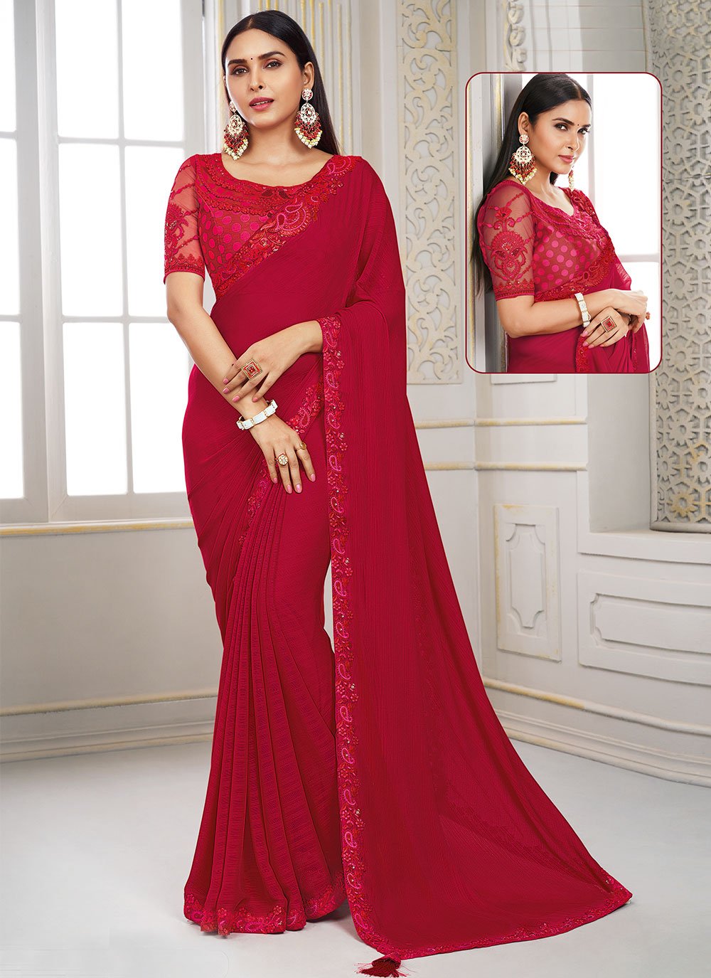 Contemporary Polyester Red Embroidered Saree