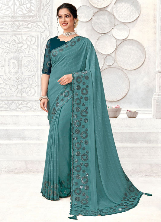 Classic Polyester Turquoise Digital Print Saree