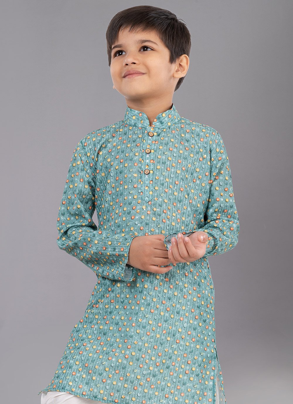 Kurta Pyjama Polyester Sea Green Digital Print Kids