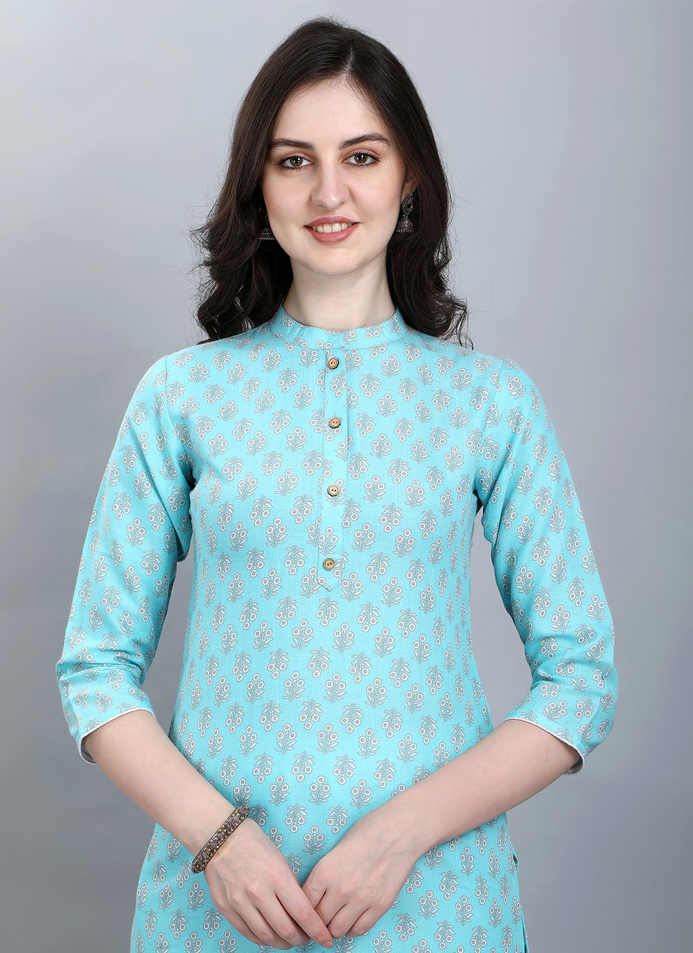 Casual Kurti Cotton Aqua Blue Booti Kurtis