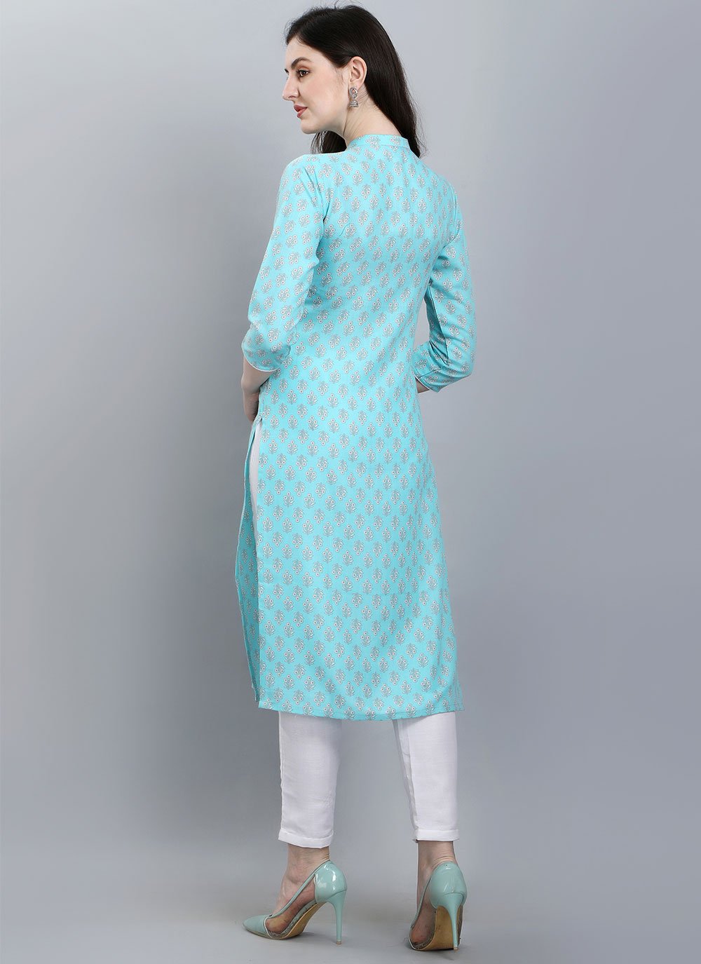 Casual Kurti Cotton Aqua Blue Booti Kurtis