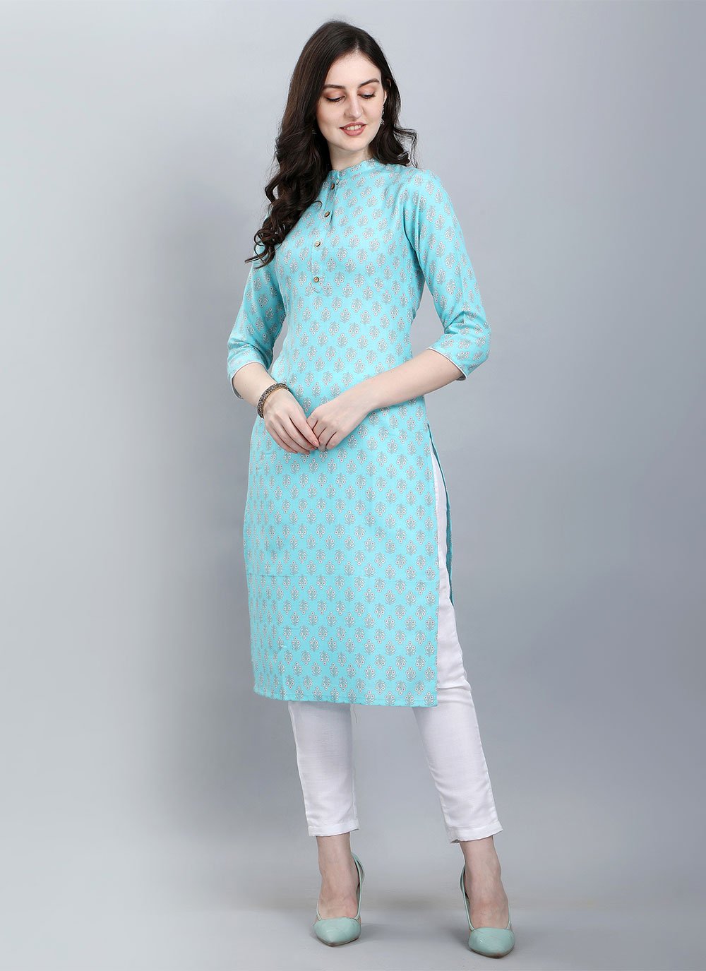 Casual Kurti Cotton Aqua Blue Booti Kurtis