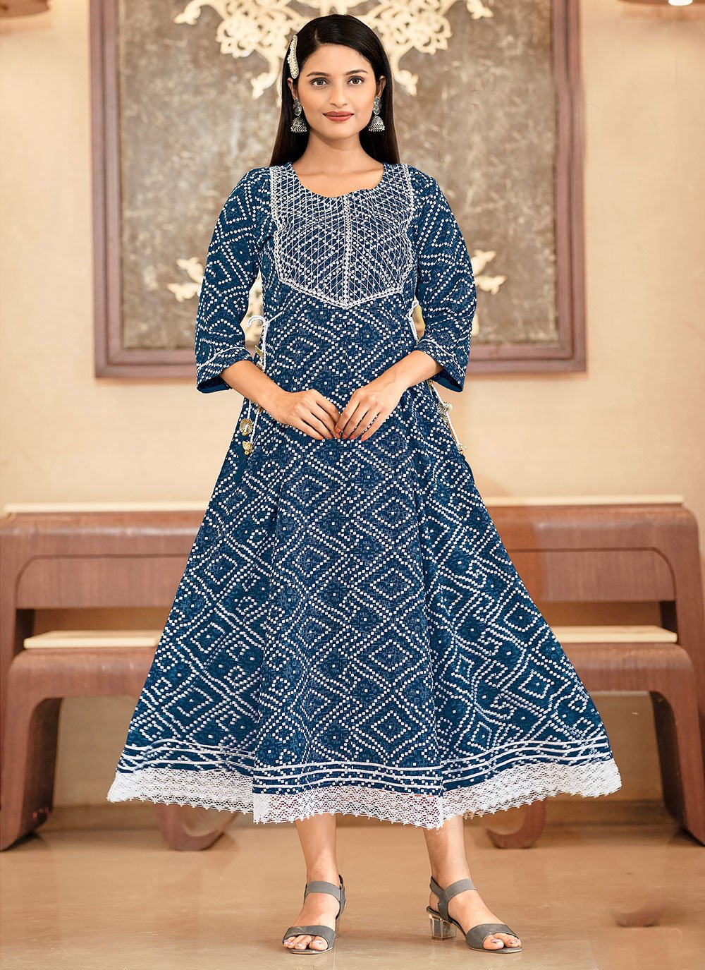 Casual Kurti Rayon Blue Bandhej Kurtis