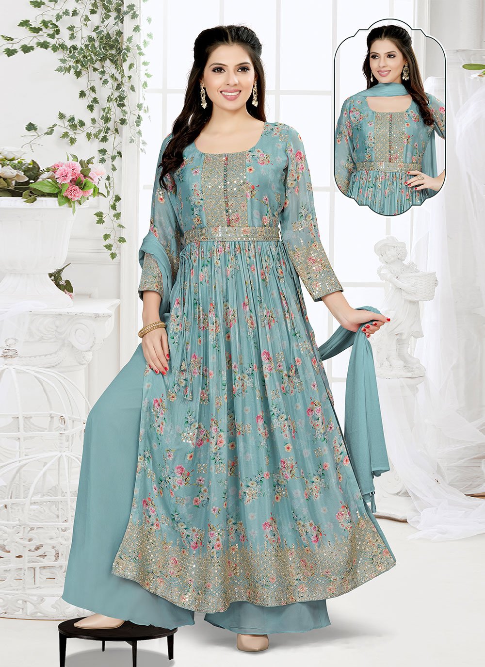 Salwar Suit Chinon Aqua Blue Embroidered Salwar Kameez