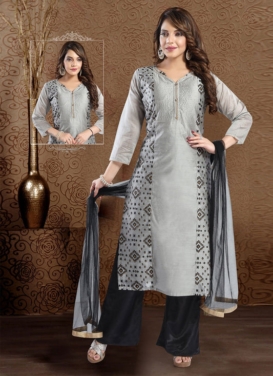 Salwar Suit Chanderi Silk Grey Print Salwar Kameez