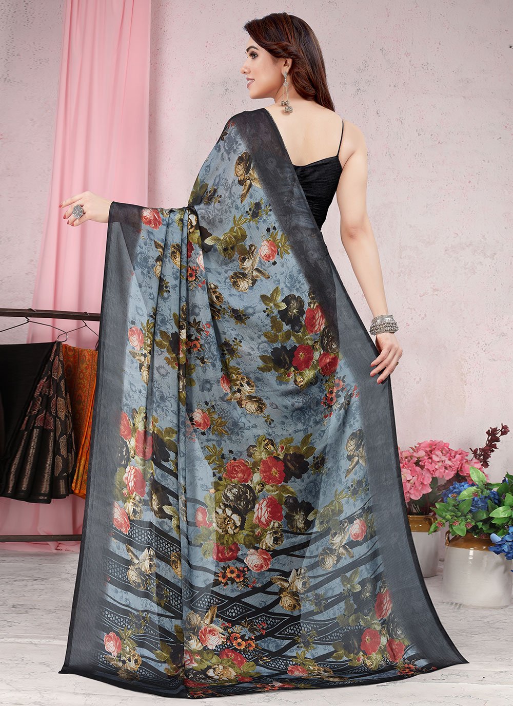 Classic Chiffon Grey Floral Patch Saree