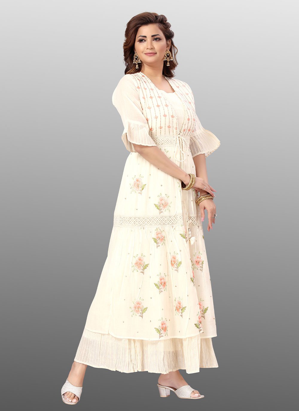 Designer Gown Cotton Cream Floral Patch Gown