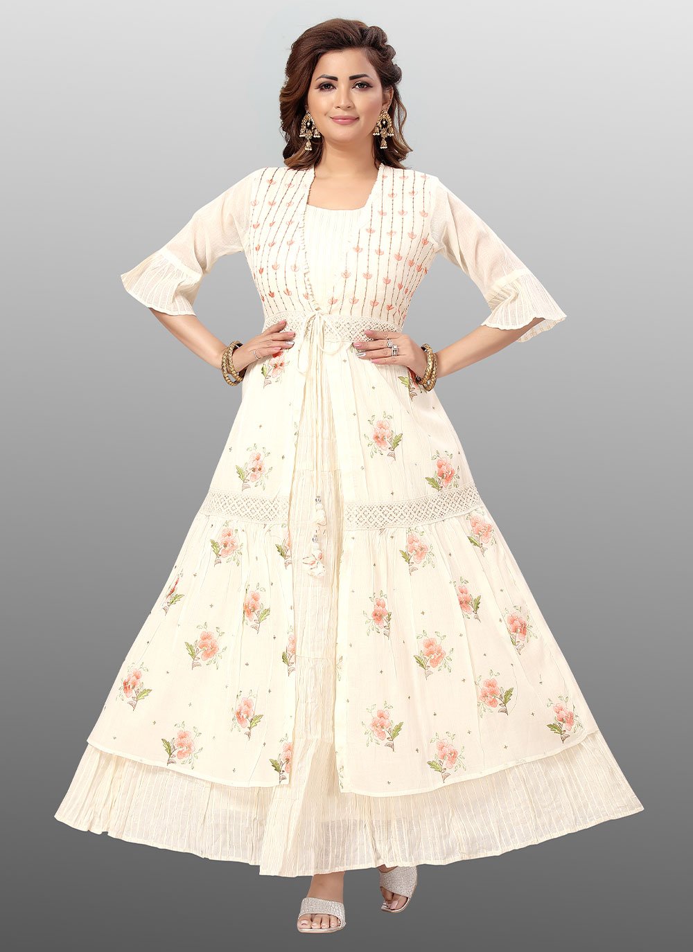 Designer Gown Cotton Cream Floral Patch Gown