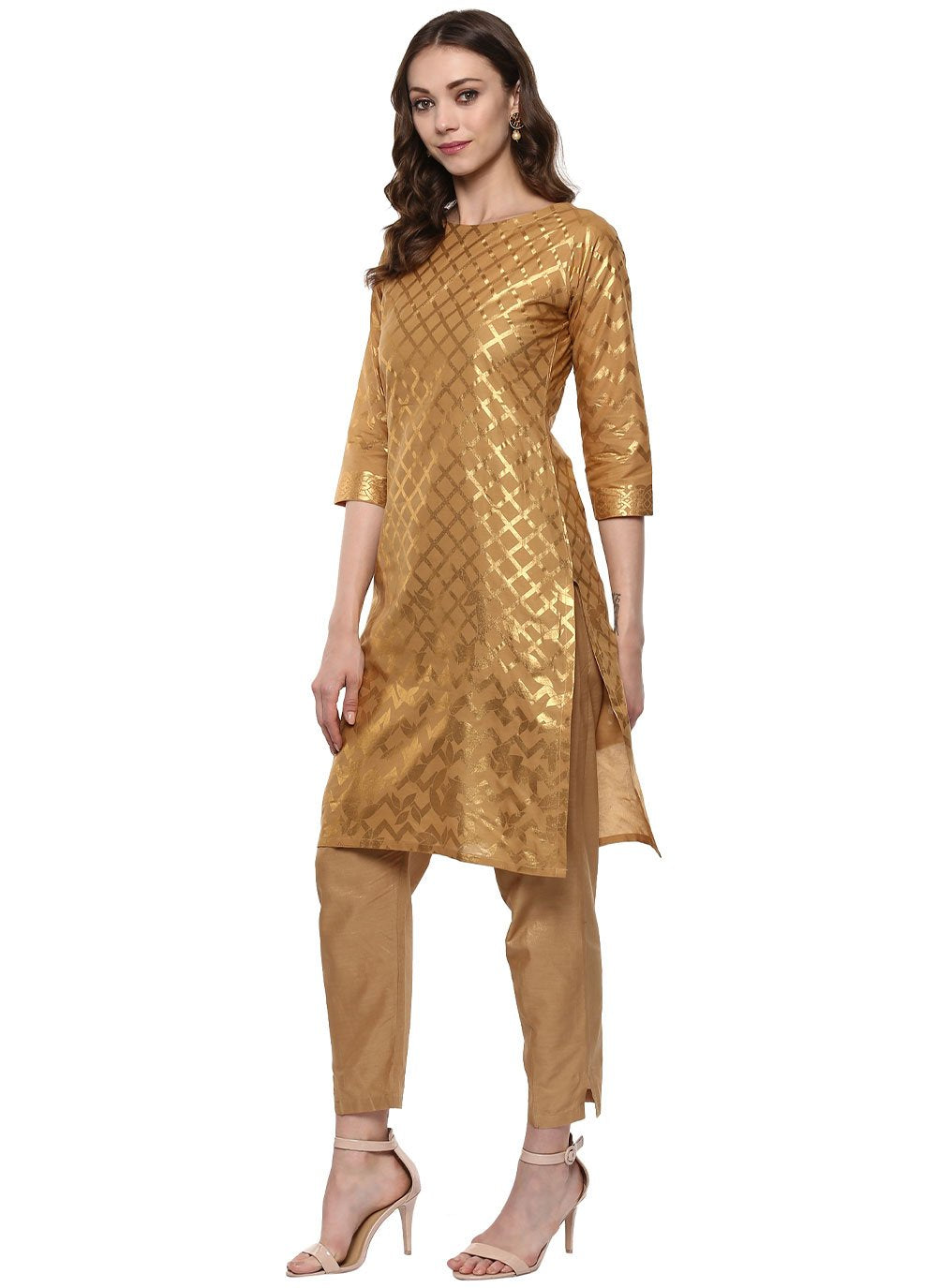 Designer Kurti Cotton Gold Print Kurtis