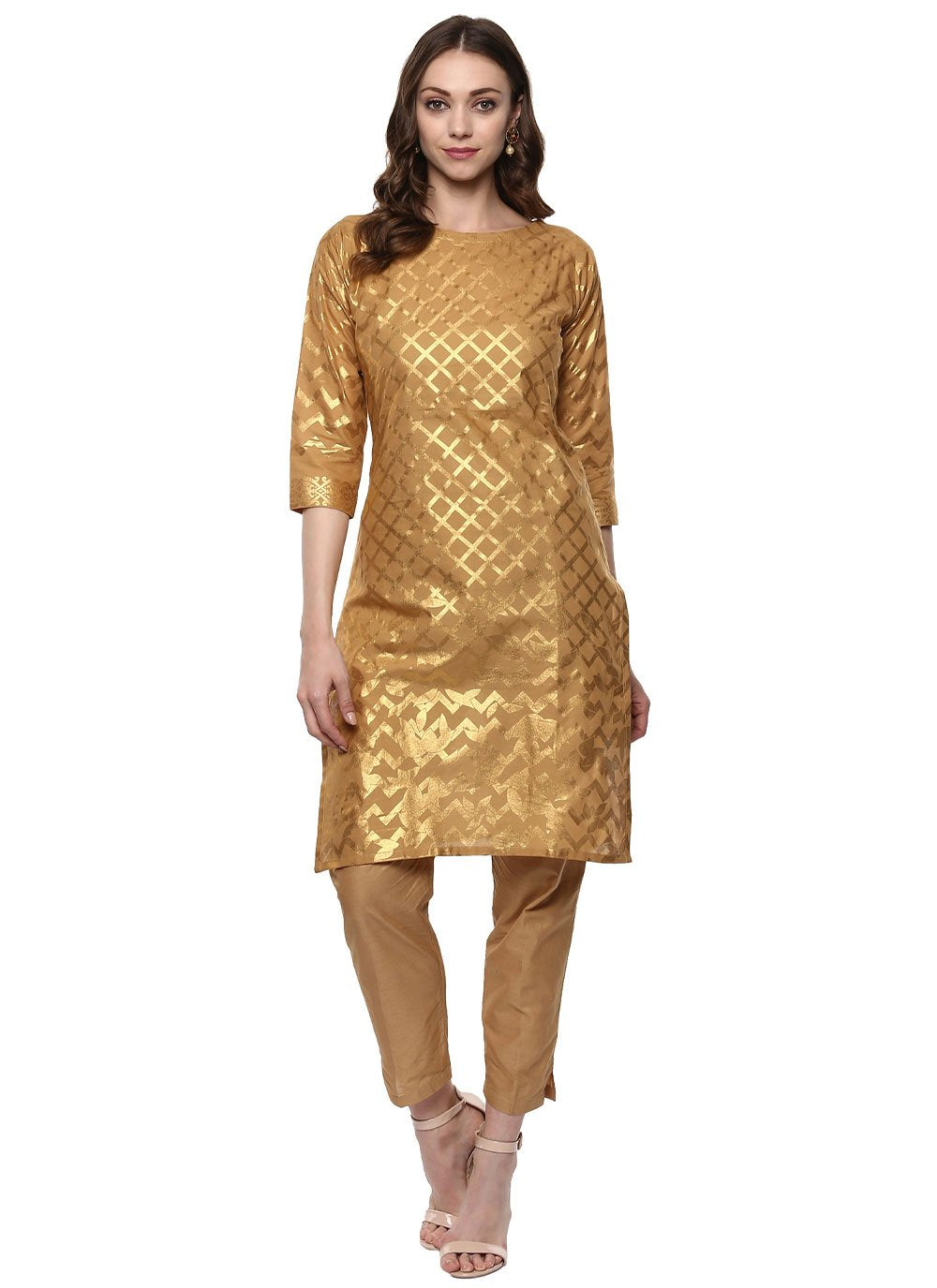 Designer Kurti Cotton Gold Print Kurtis