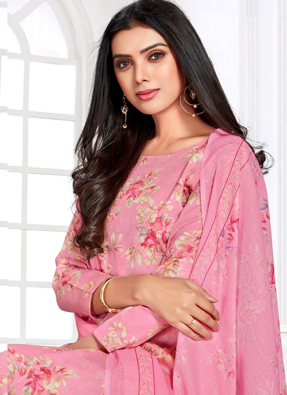 Salwar Suit Cotton Satin Pink Floral Patch Salwar Kameez