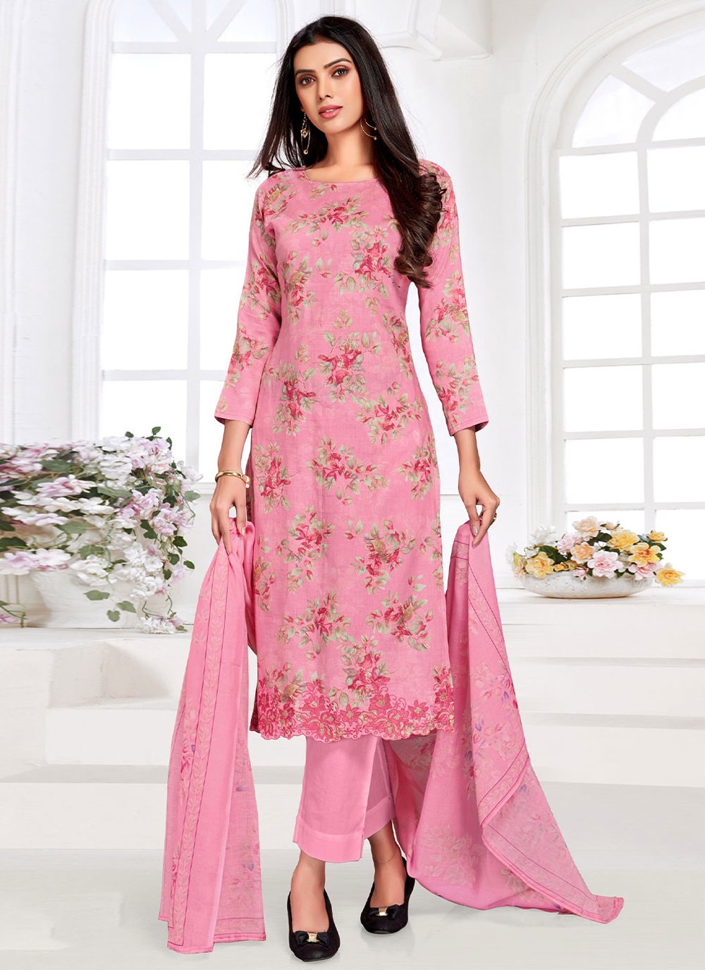 Salwar Suit Cotton Satin Pink Floral Patch Salwar Kameez