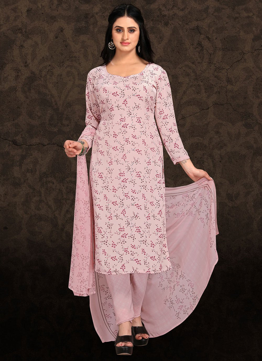 Trendy Suit Faux Crepe Pink Floral Patch Salwar Kameez