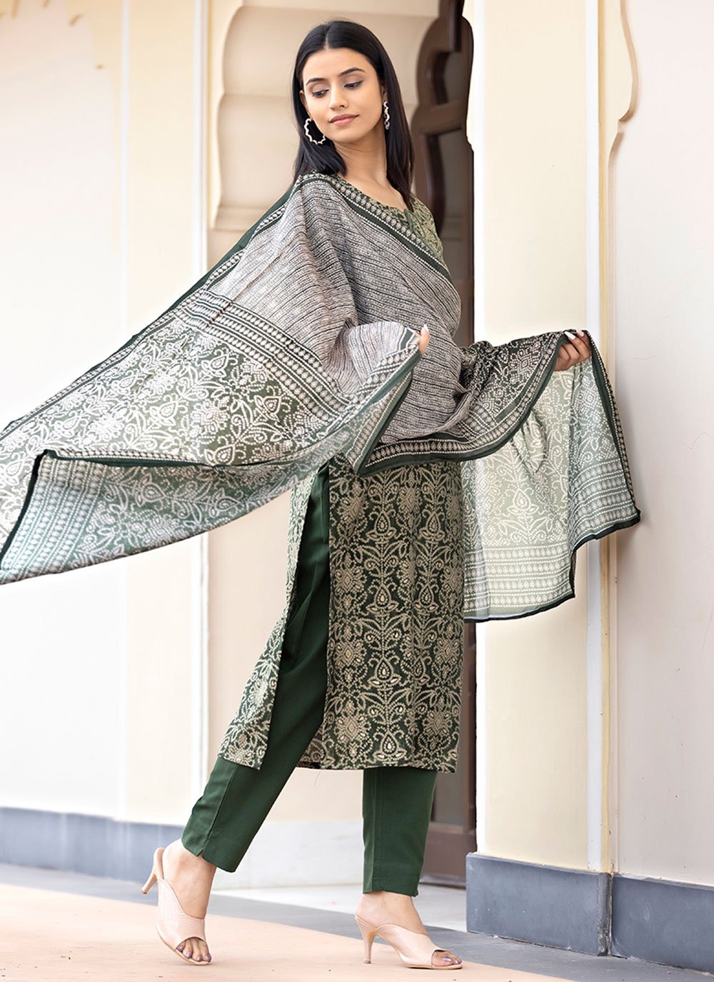 Salwar Suit Silk Green Print Salwar Kameez