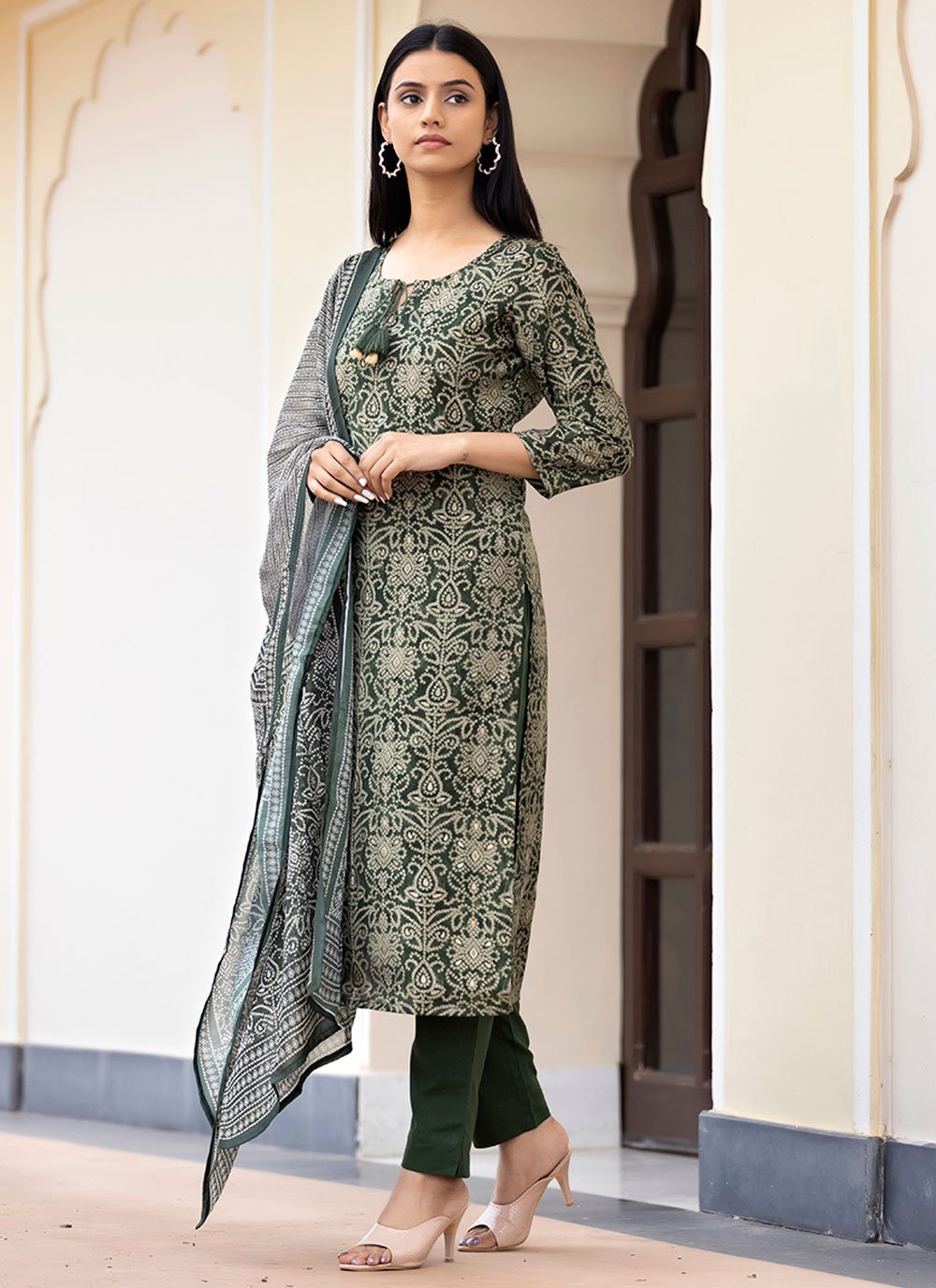 Salwar Suit Silk Green Print Salwar Kameez