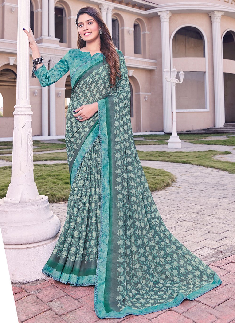 Trendy Saree Georgette Sea Green Print Saree