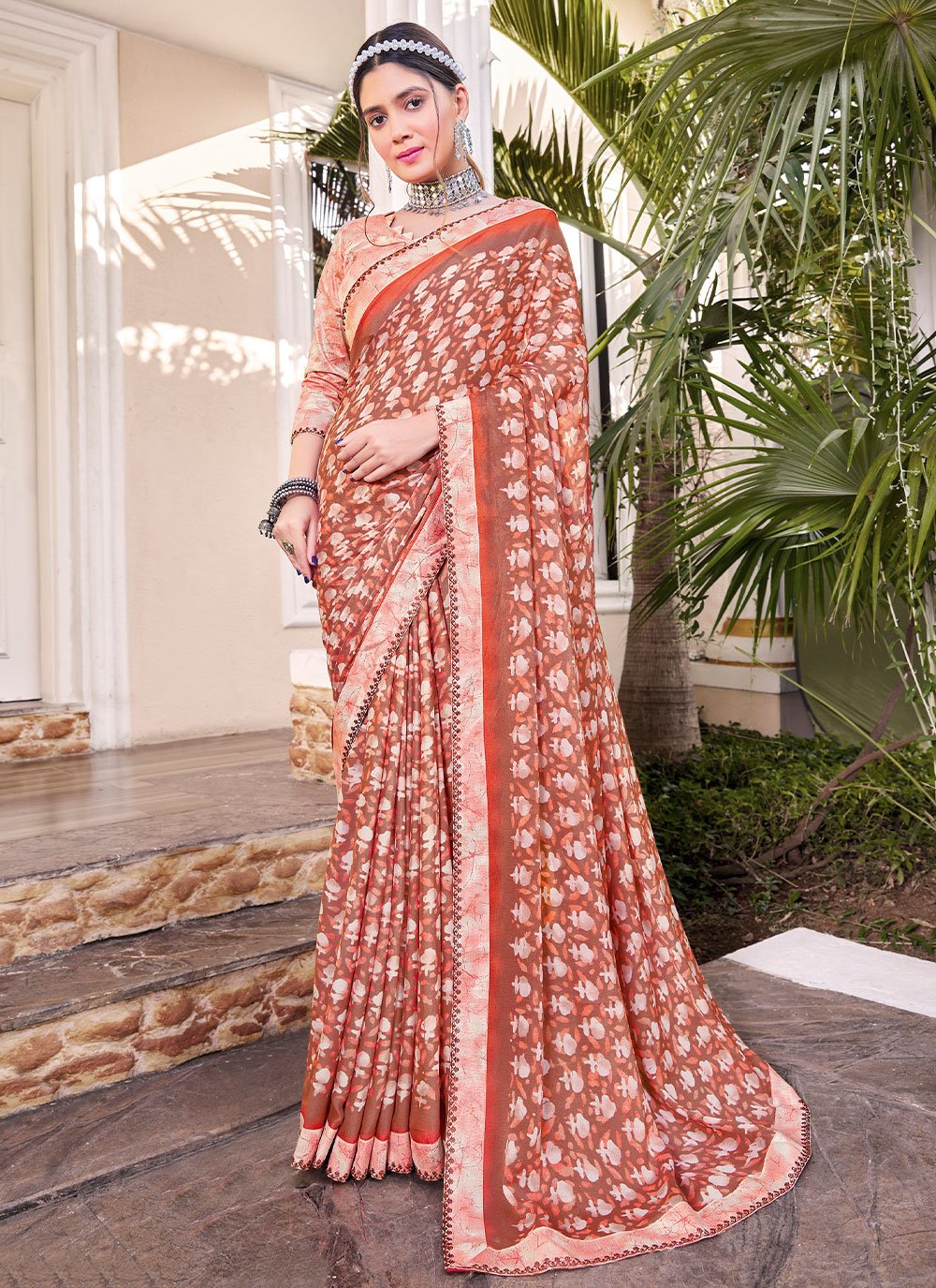 Classic Georgette Rust Print Saree