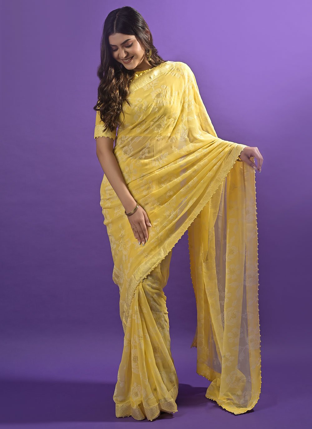 Classic Georgette Yellow Patch Border Saree
