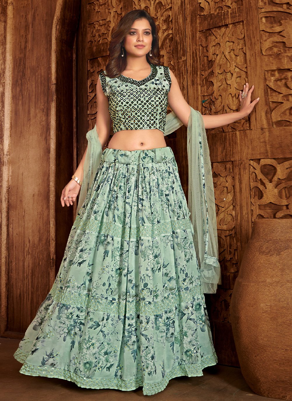 Readymade Lehenga Choli Georgette Sea Green Embroidered Lehenga Choli