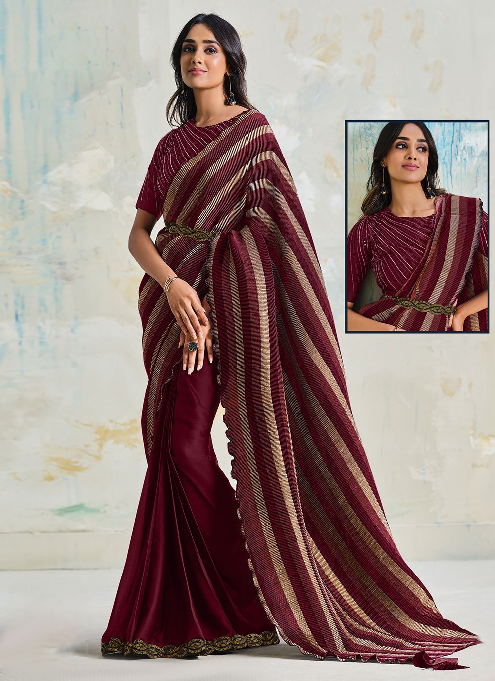 Classic Faux Crepe Satin Silk Maroon Embroidered Saree