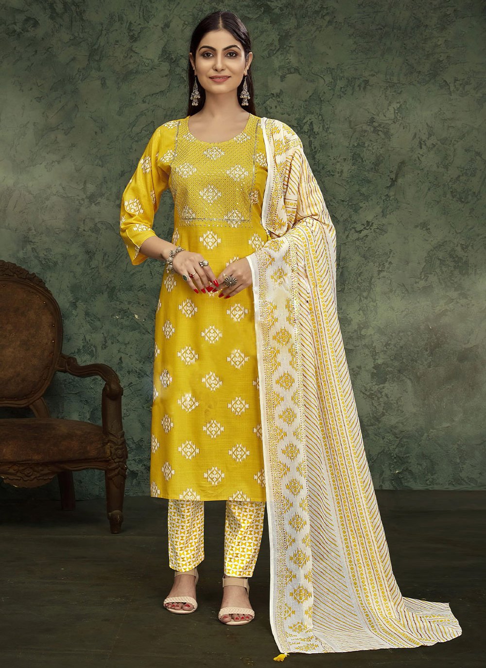 Salwar Suit Rayon Yellow Embroidered Salwar Kameez