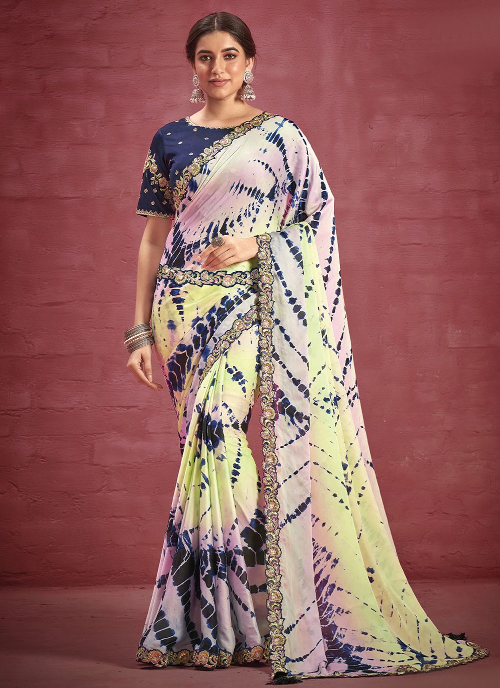 Classic Georgette Satin Silk Multi Colour Embroidered Saree