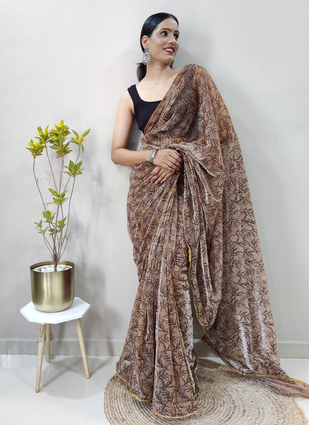 Classic Net Brown Print Saree