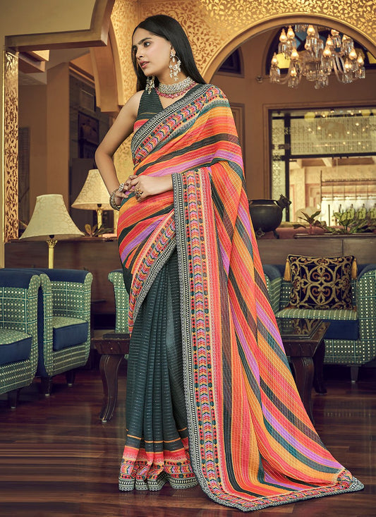 Traditional Saree Georgette Green Print Saree