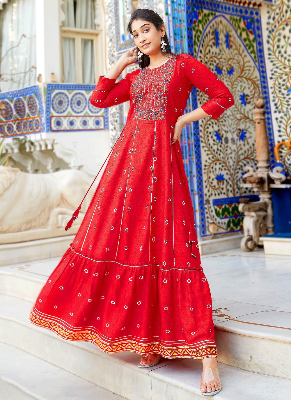 Gown Rayon Red Embroidered Gown