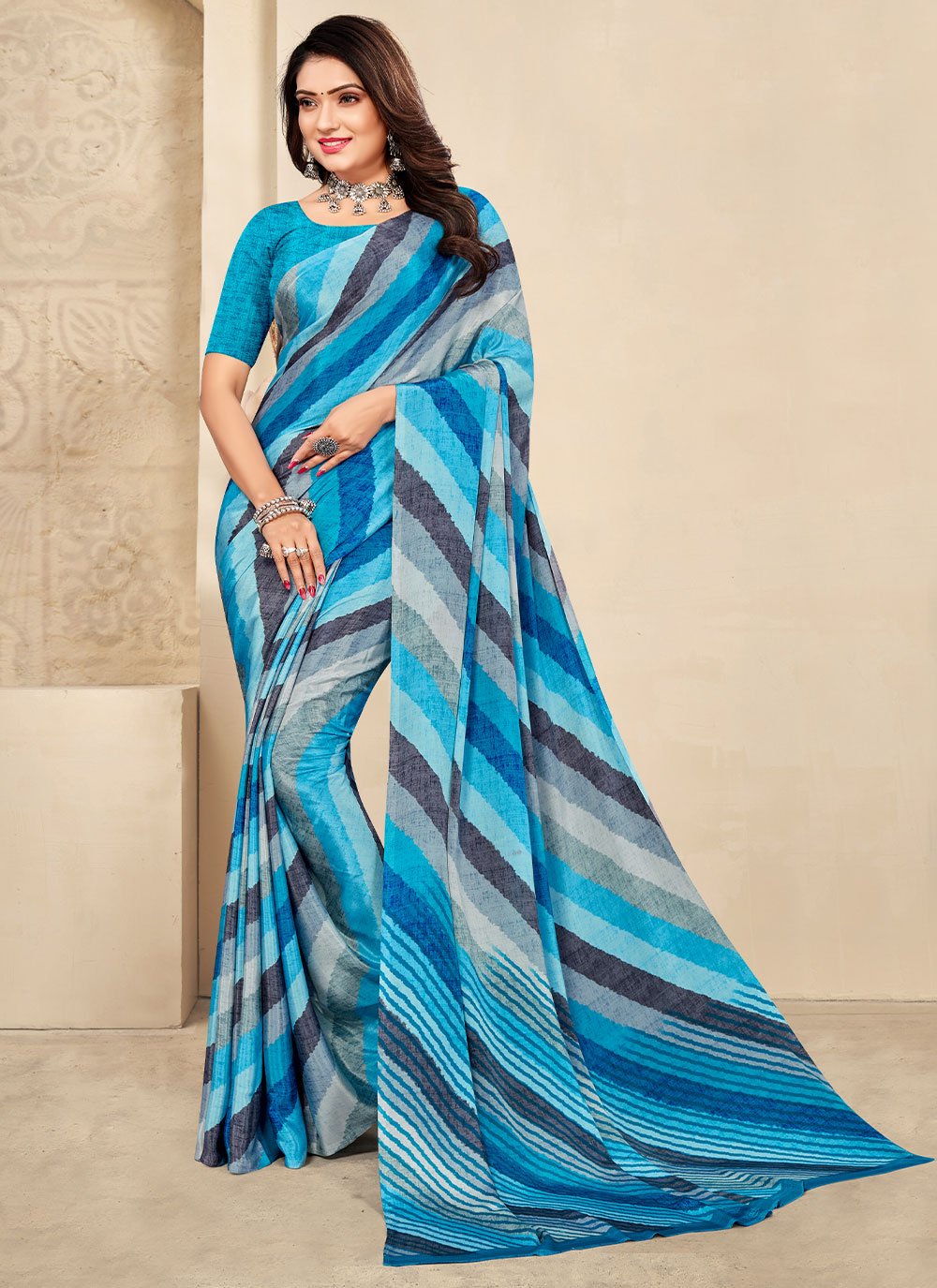 Trendy Saree Crepe Silk Blue Print Saree