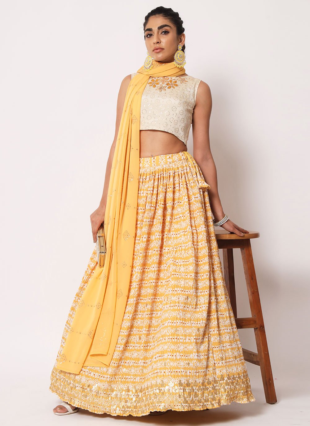 Lehenga Choli Art Silk Crush Yellow Embroidered Lehenga Choli