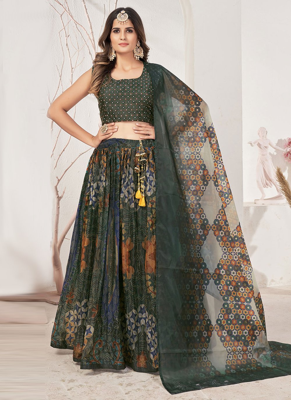 A Line Lehenga Organza Multi Colour Print Lehenga Choli