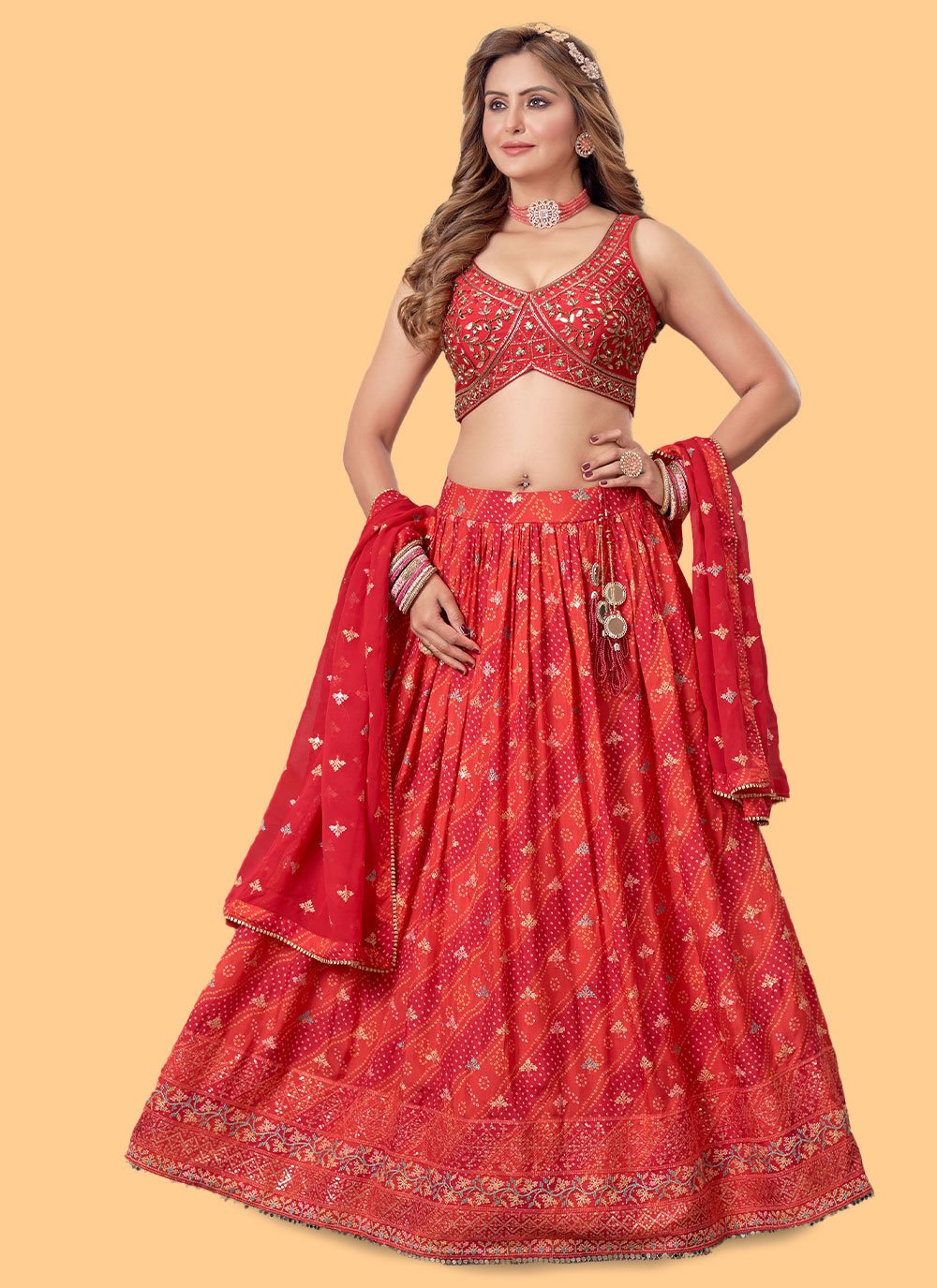 A Line Lehenga Silk Red Print Lehenga Choli