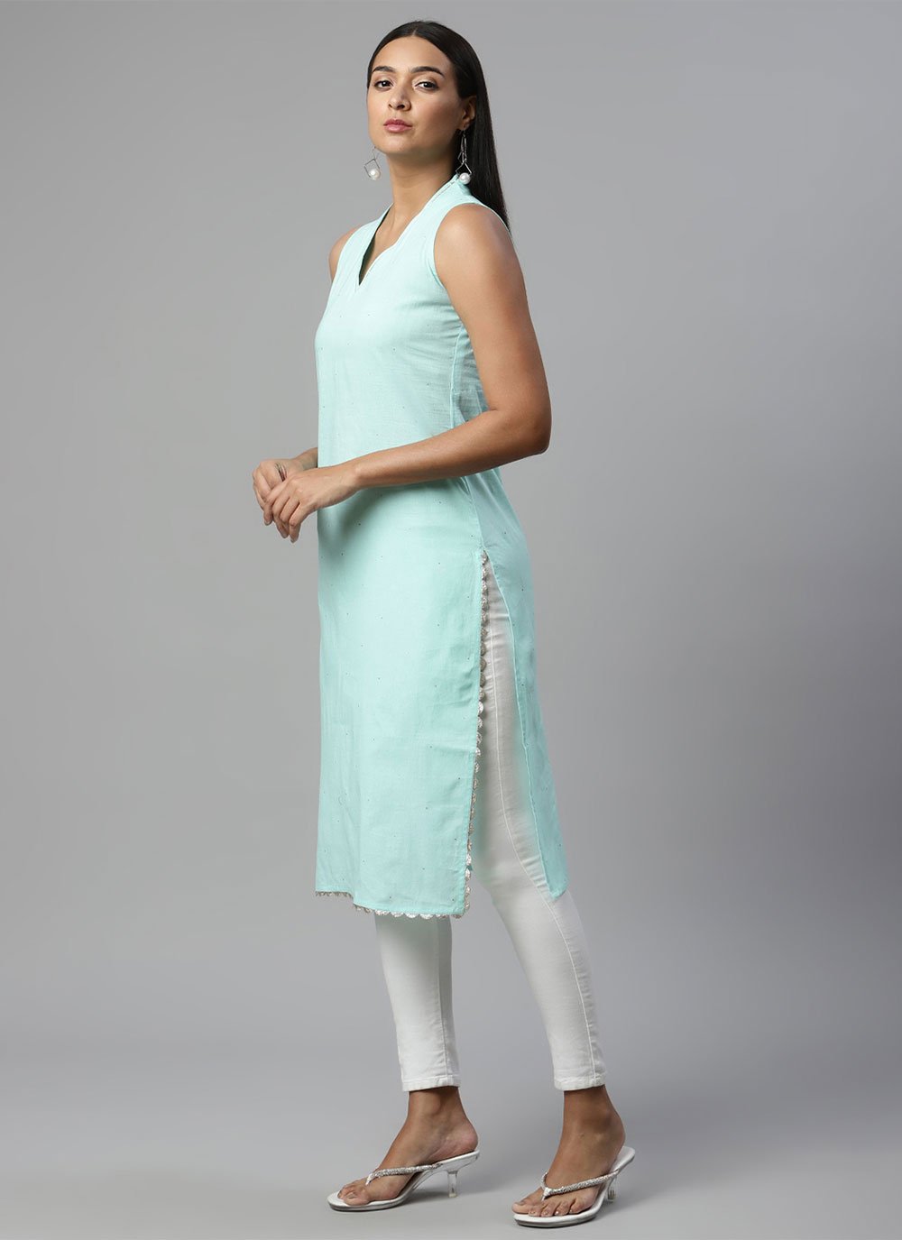 Designer Kurti Cotton Aqua Blue Print Kurtis