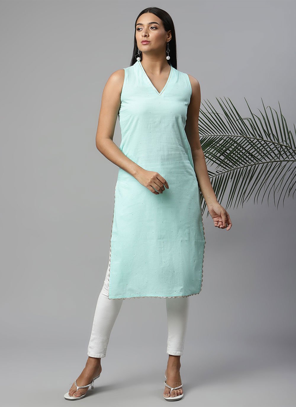 Designer Kurti Cotton Aqua Blue Print Kurtis