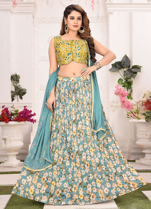 Readymade Lehenga Choli Silk Aqua Blue Print Lehenga Choli